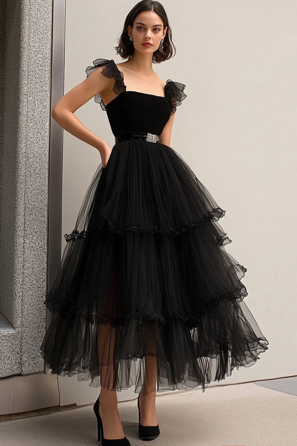 A Line Tulle Tea-Length Black Formal Dress