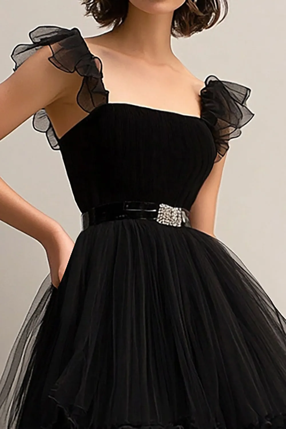 A Line Tulle Tea-Length Black Formal Dress