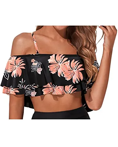 Adjustable Spaghetti Straps Bikini Top For Women-Black Orange Floral