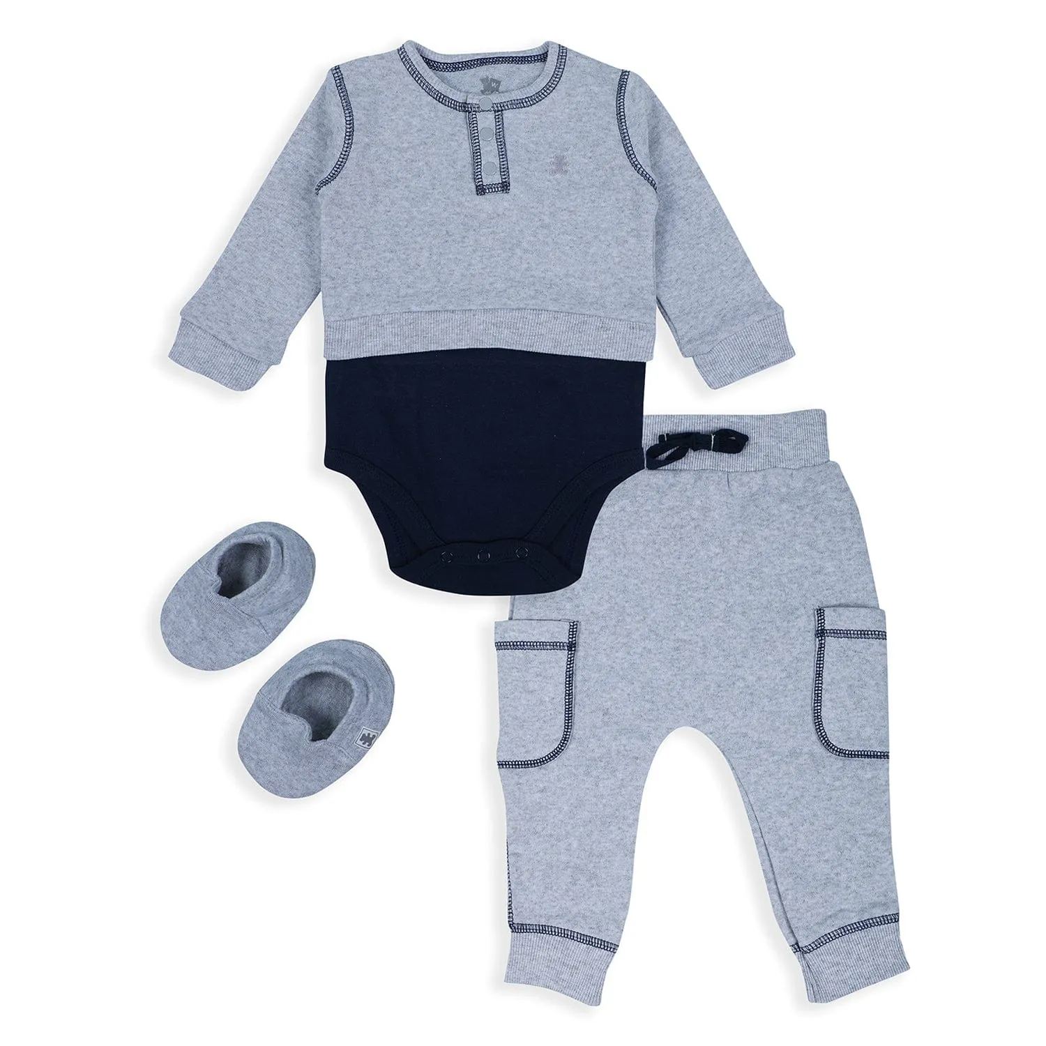 Baby Moo Solid Stretchable Jogger with Full Sleeve Onesie And Booties Gift Set - Grey