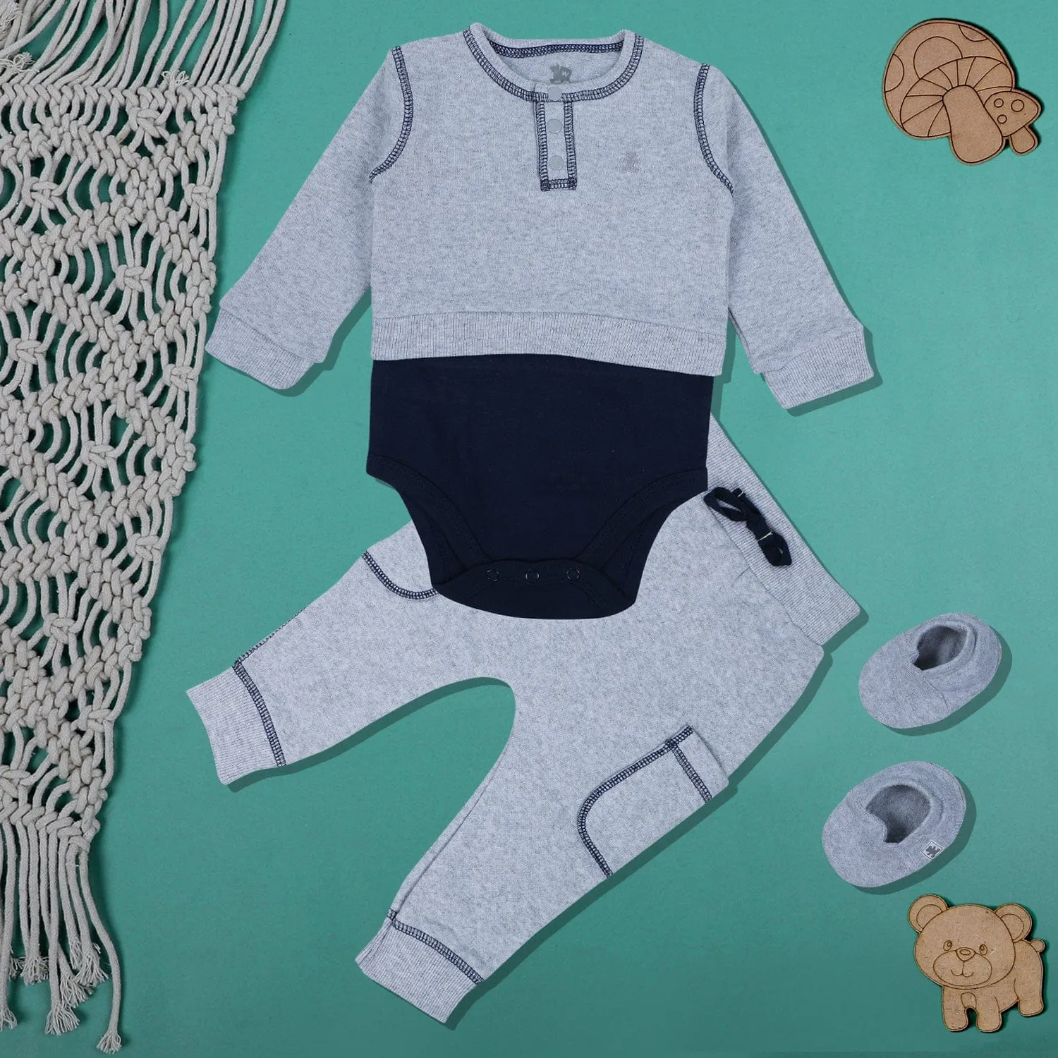 Baby Moo Solid Stretchable Jogger with Full Sleeve Onesie And Booties Gift Set - Grey