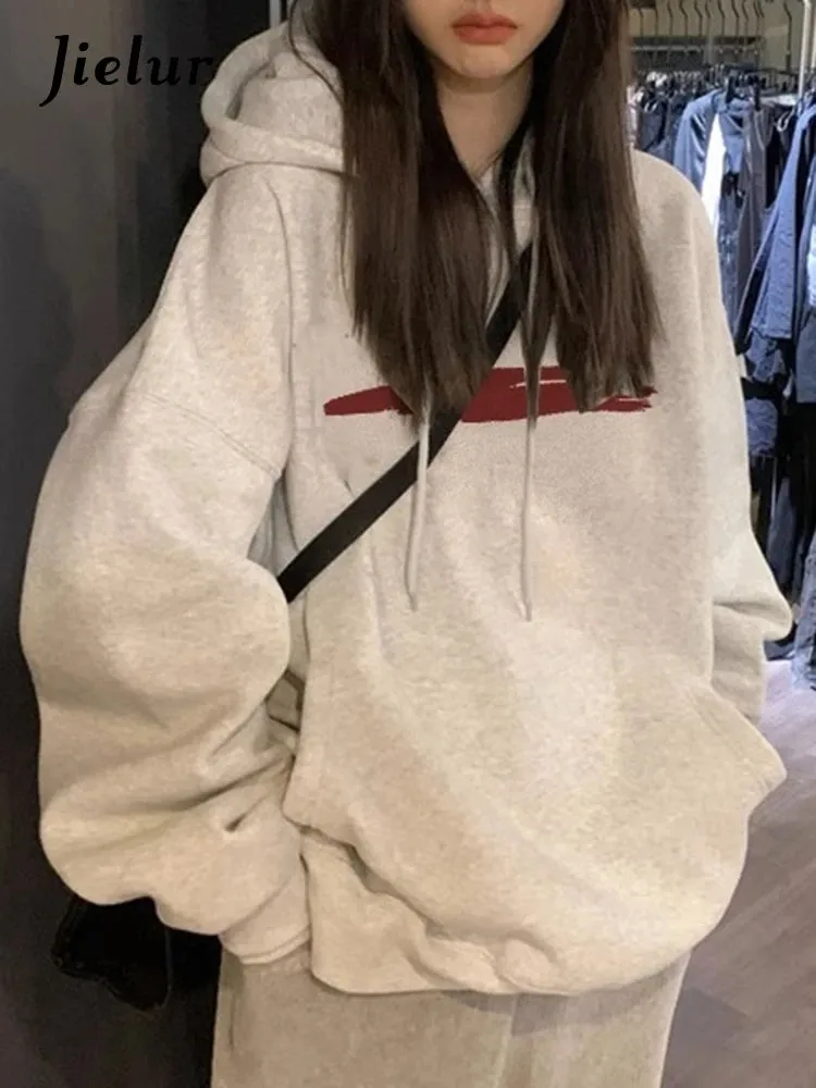 Basic Hooded Chic Drawstring Loose Women Hoodies Fashion Print Office Ladies Simple Pocket Casual 4-colors Female Hoodies