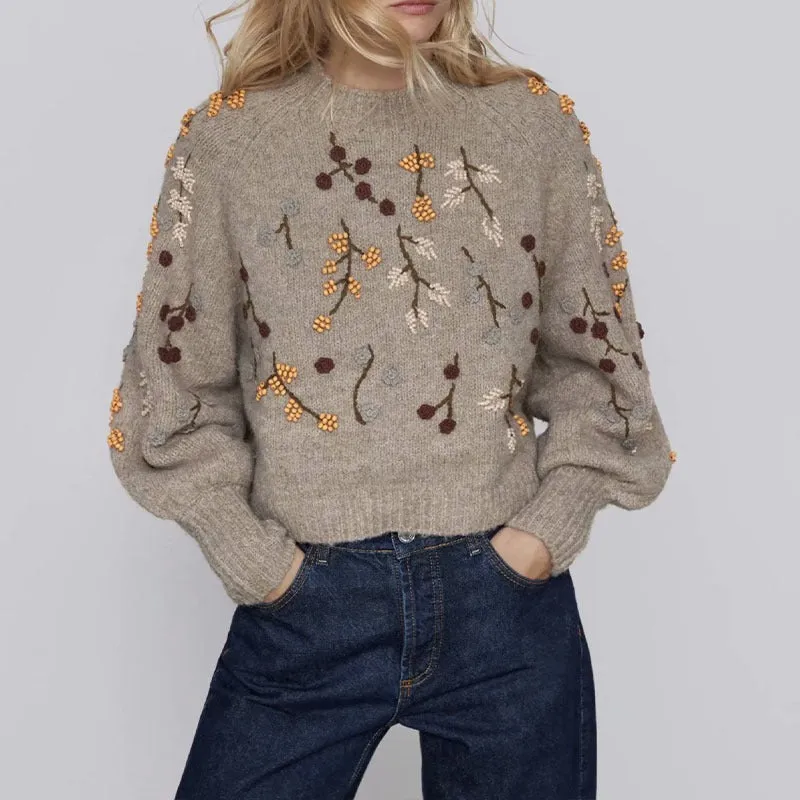 Beaded Embroidery Balloon Sleeve Sweater