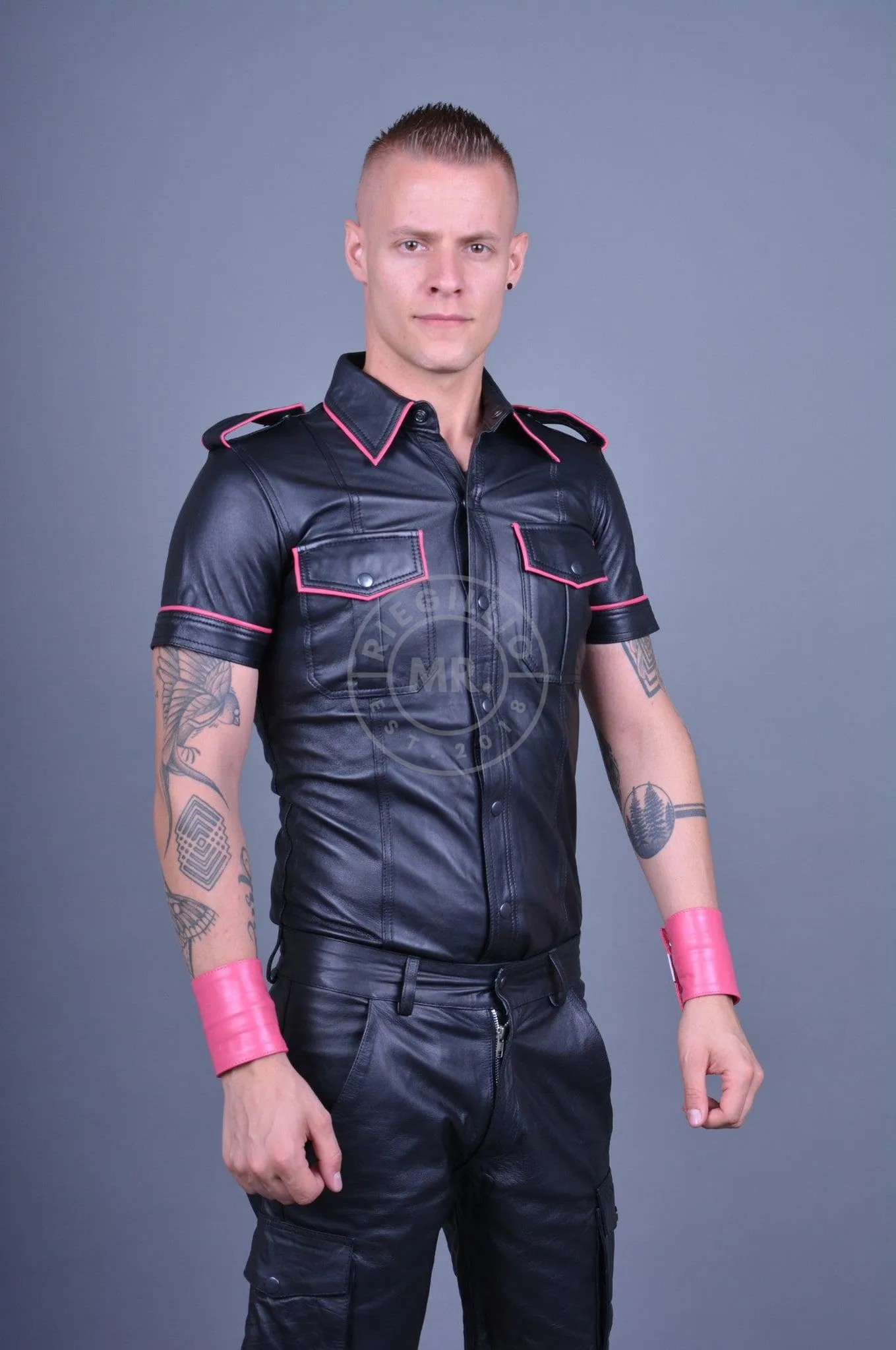 Black Leather Shirt - PINK Piping