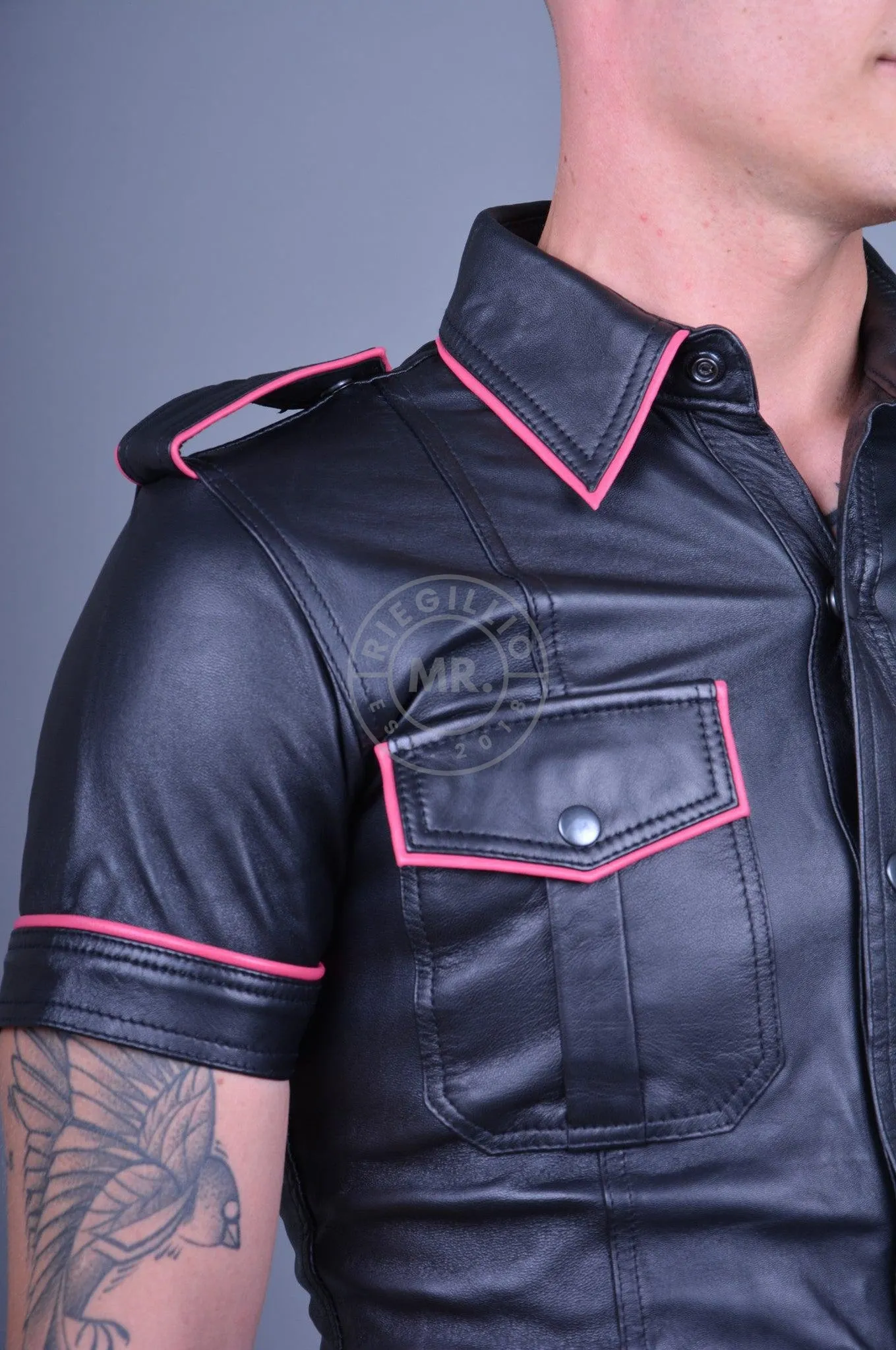 Black Leather Shirt - PINK Piping