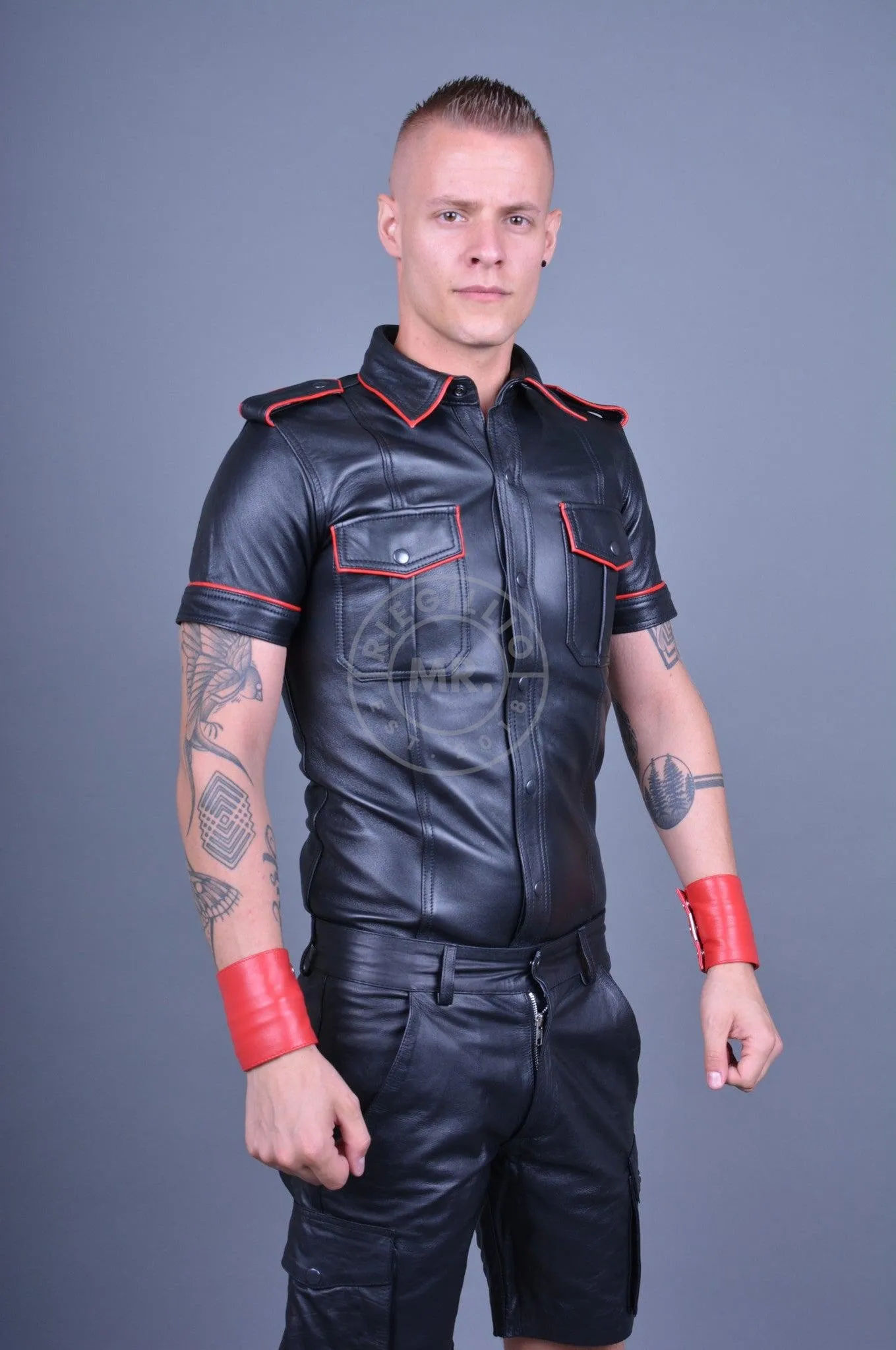 Black Leather Shirt - RED Piping