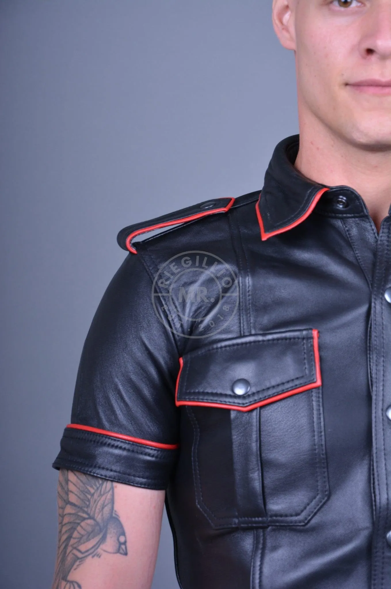 Black Leather Shirt - RED Piping