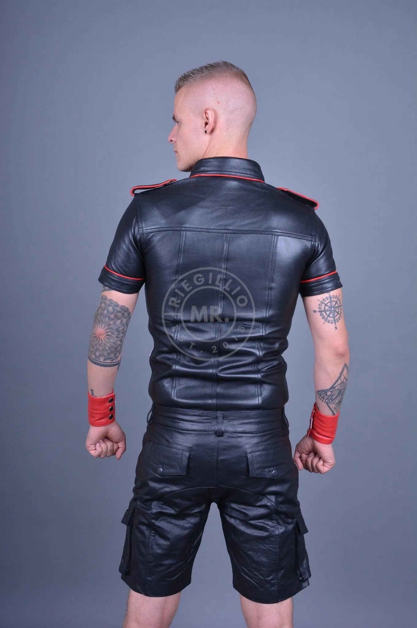 Black Leather Shirt - RED Piping