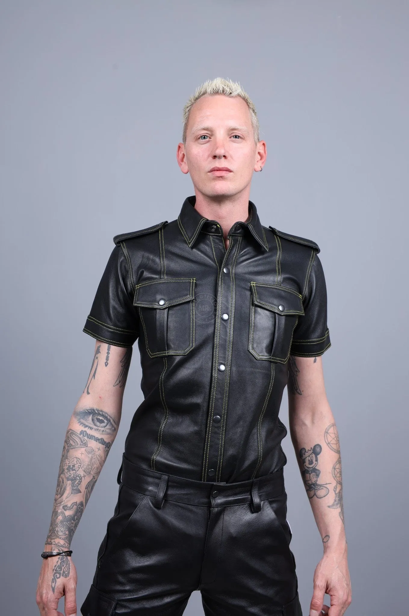 Black Leather Shirt - Yellow Stitching