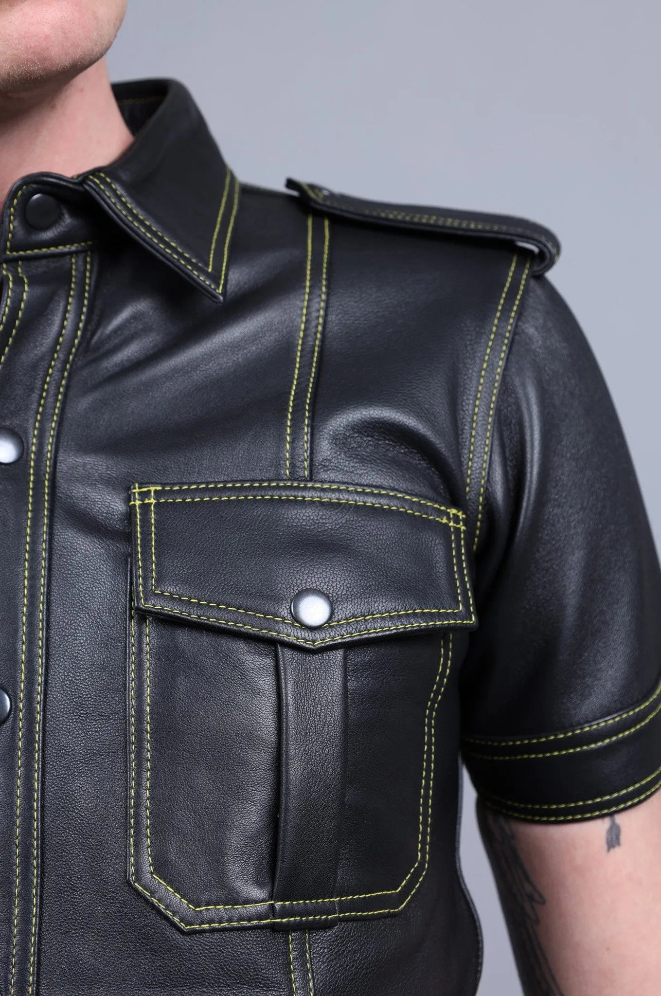 Black Leather Shirt - Yellow Stitching