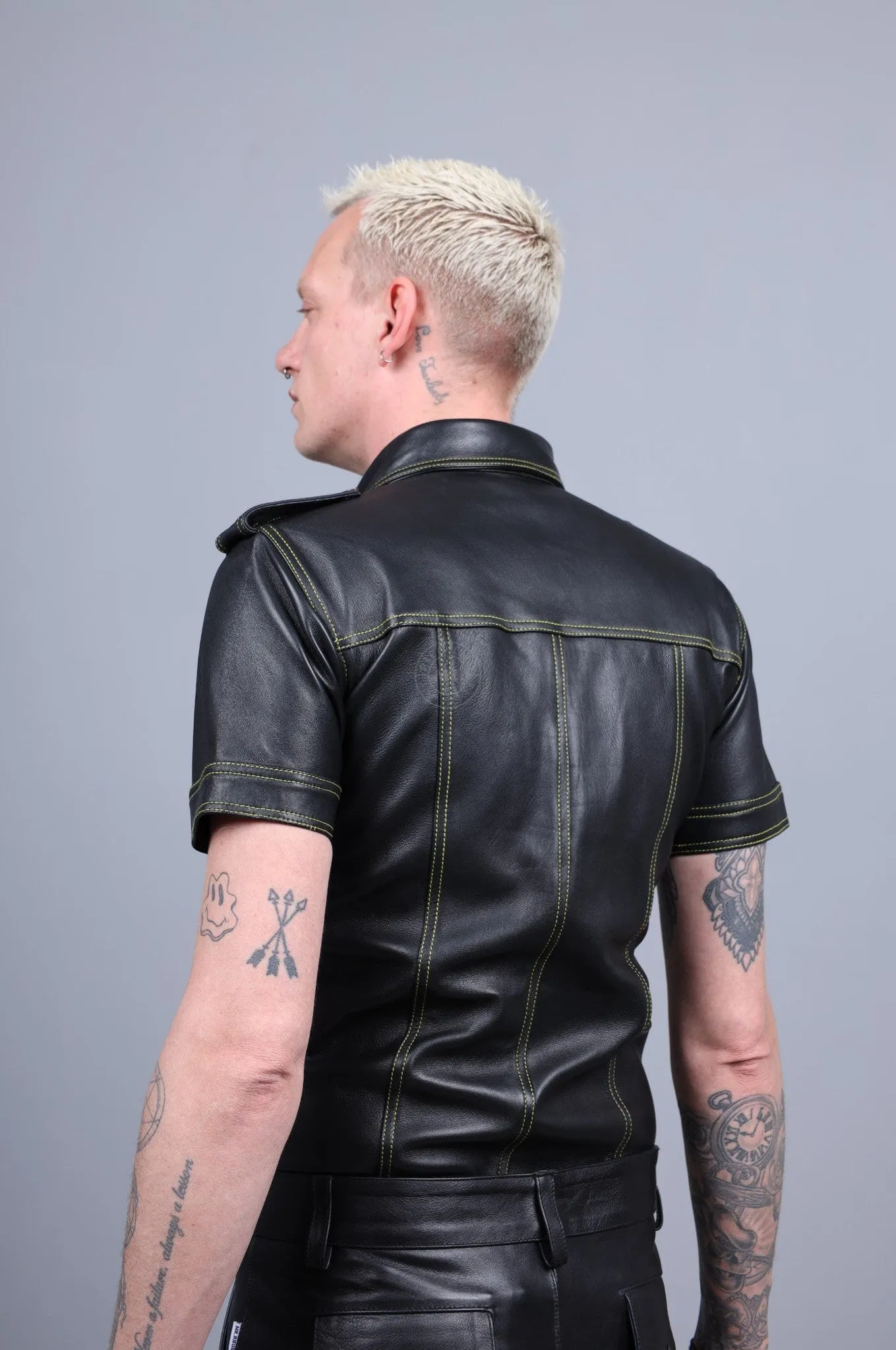 Black Leather Shirt - Yellow Stitching