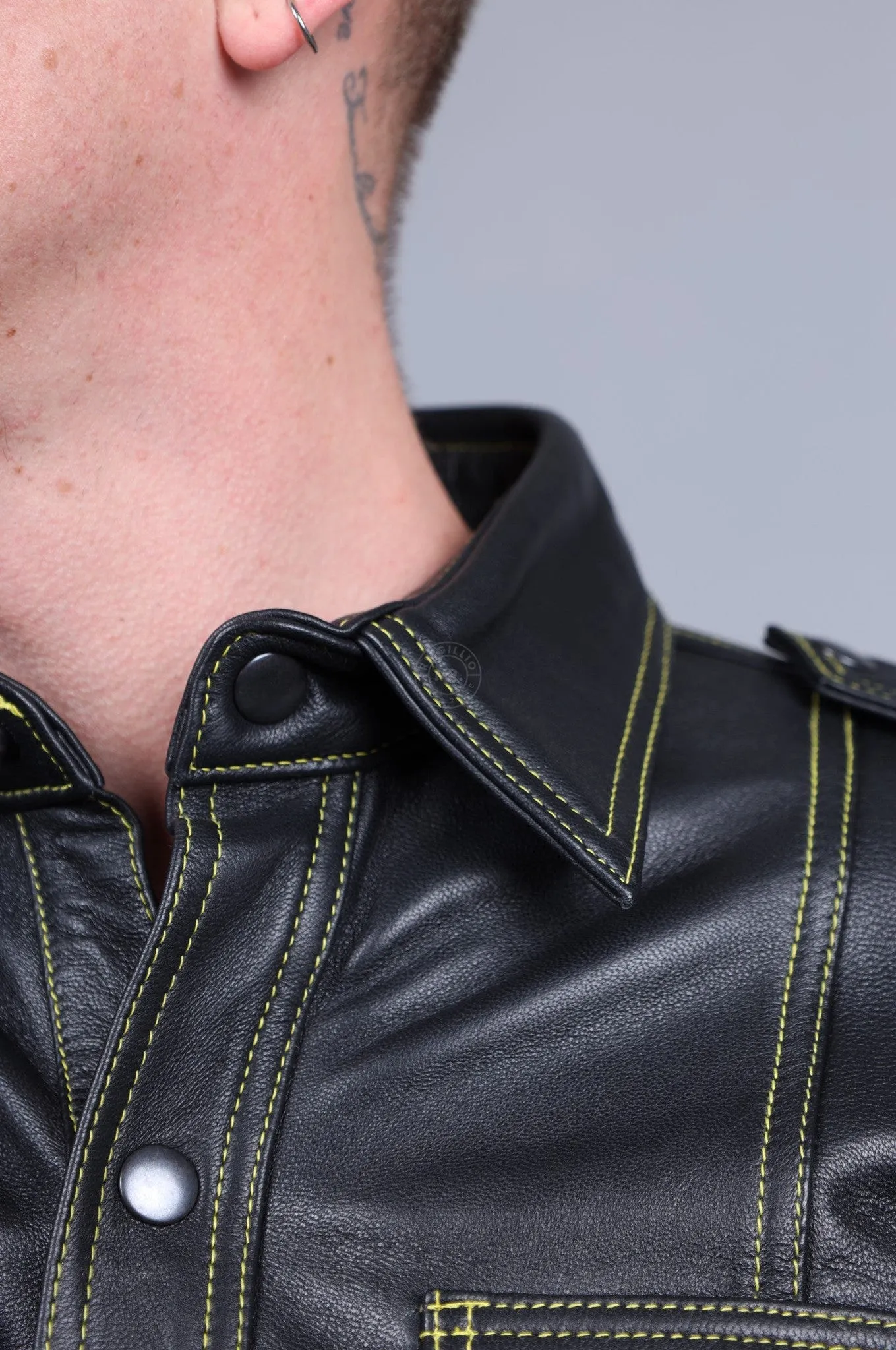 Black Leather Shirt - Yellow Stitching