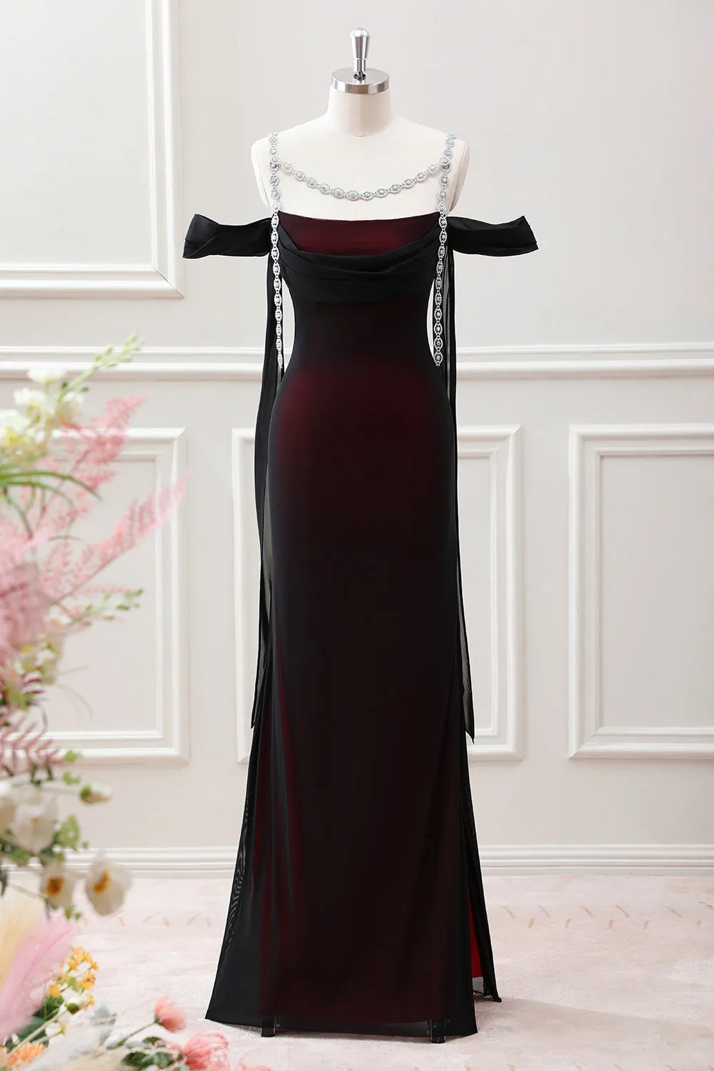 Black Red Sheath Cowl Neck Maxi Dress with Rhinestones