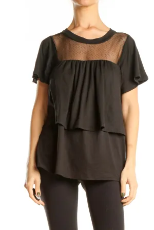 Black Ruffle Chic Top with Polka Dot Mesh Panel