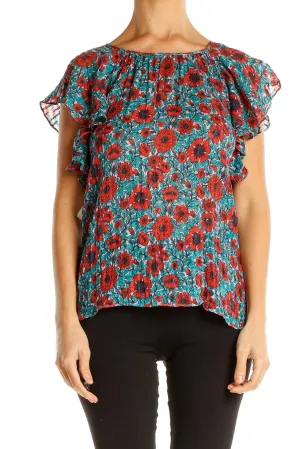 Blue Red Floral Print Chic Blouse