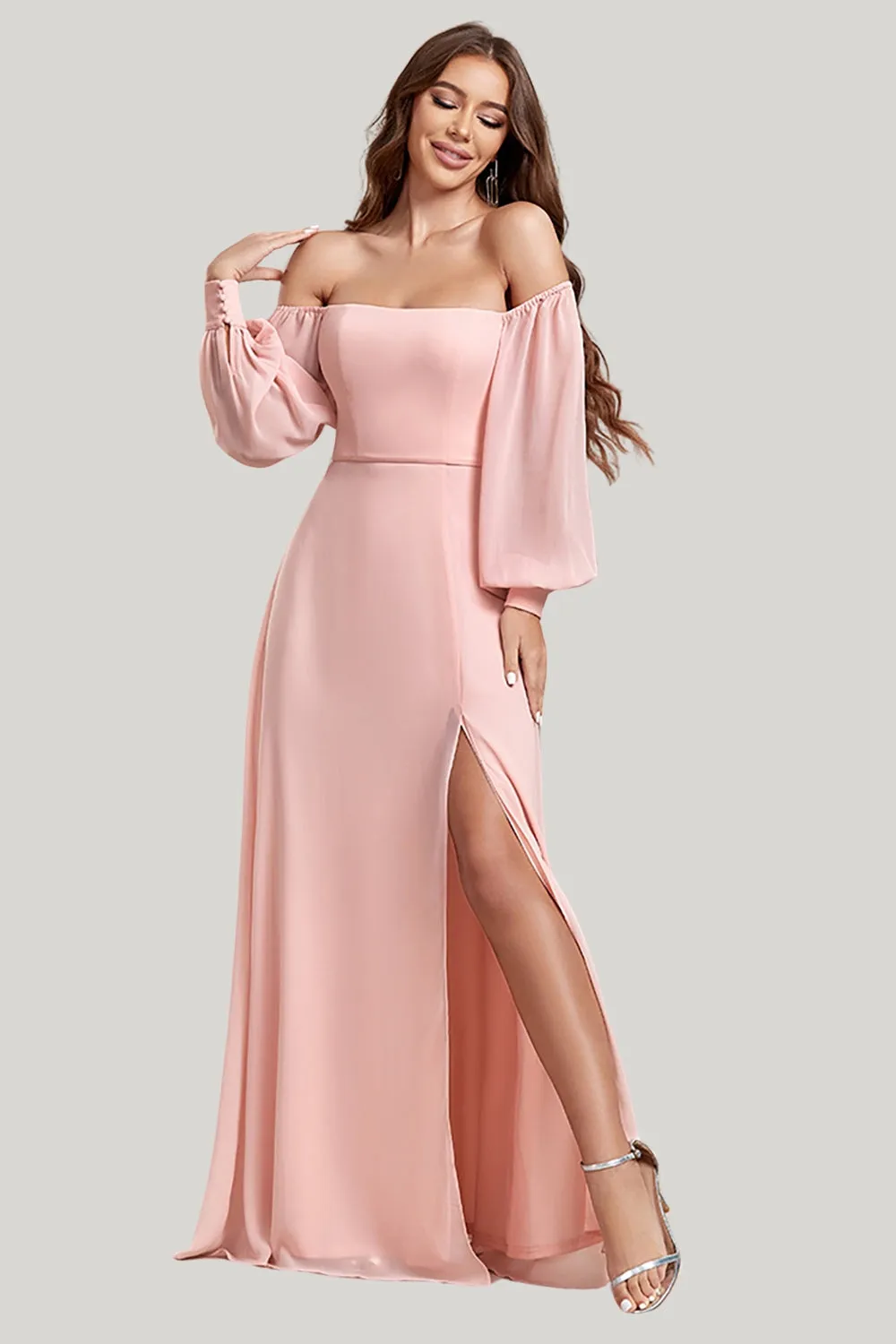 Blush A Line Off the Shoulder Maxi Dress with Slit