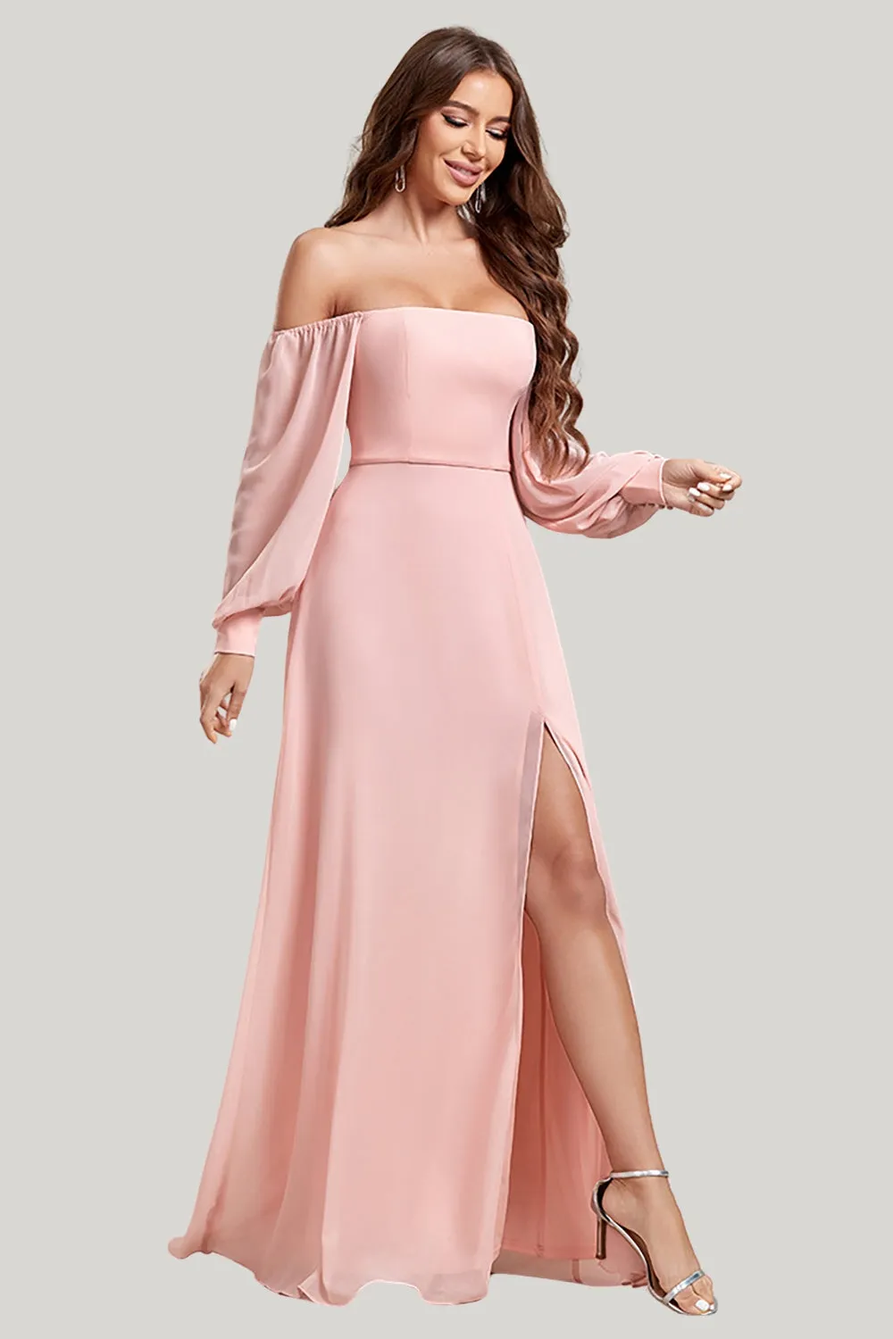 Blush A Line Off the Shoulder Maxi Dress with Slit