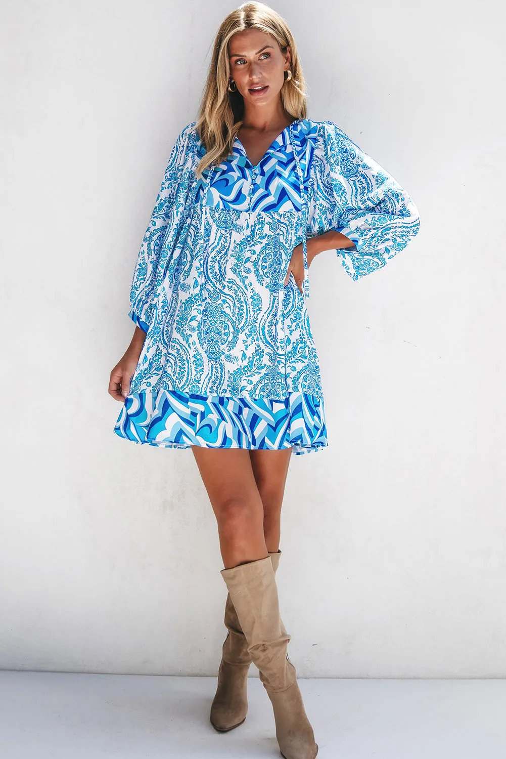 Bohemian Puff Tied Flared Mini Dress