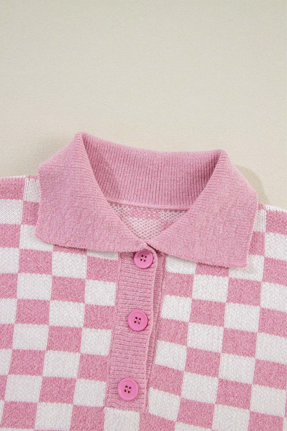 Checkered Collared Neck Dropped Shoulder Sweater