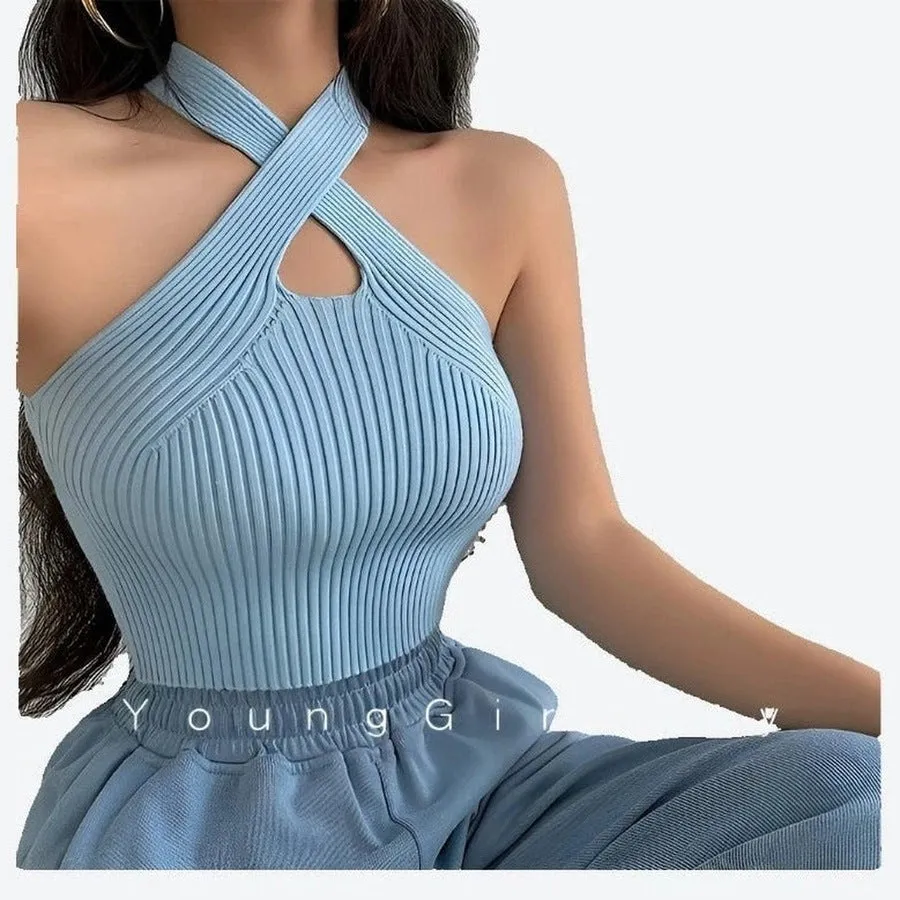 Chic Ribbed Cross-Strap Halter Tops