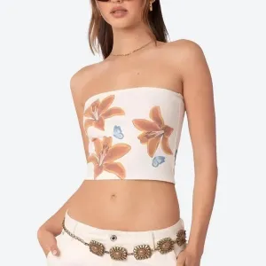 Chic Strapless Floral Print Crop Tops