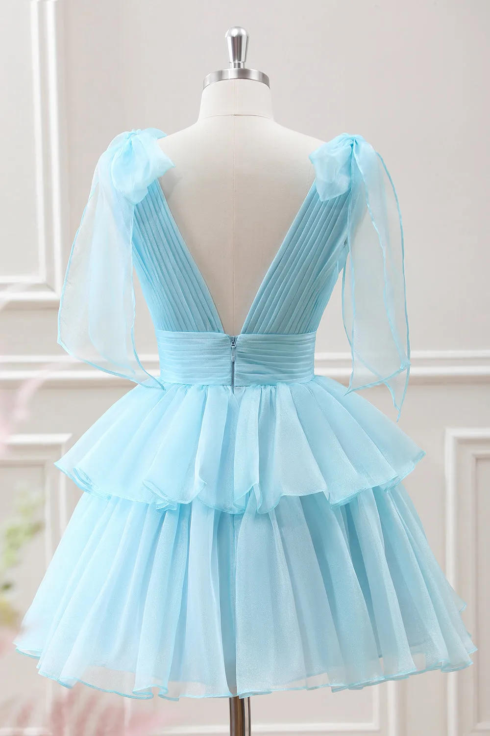 Cute Light Blue A Line V Neck Pleated Tiered Mini Dress