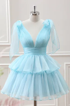 Cute Light Blue A Line V Neck Pleated Tiered Mini Dress