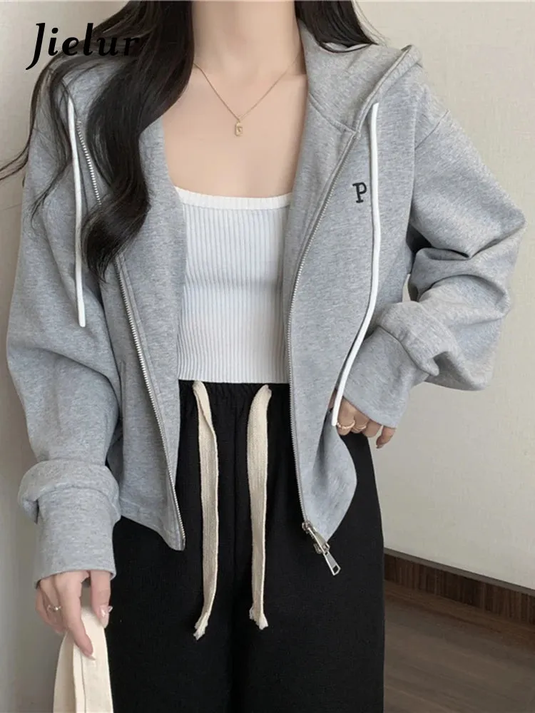 Double Zipper Short Women's Hoodies Autumn Winter Korean Casual Loose Thin Gray Navy Coat Women Sweatshirt Hooded M-XL