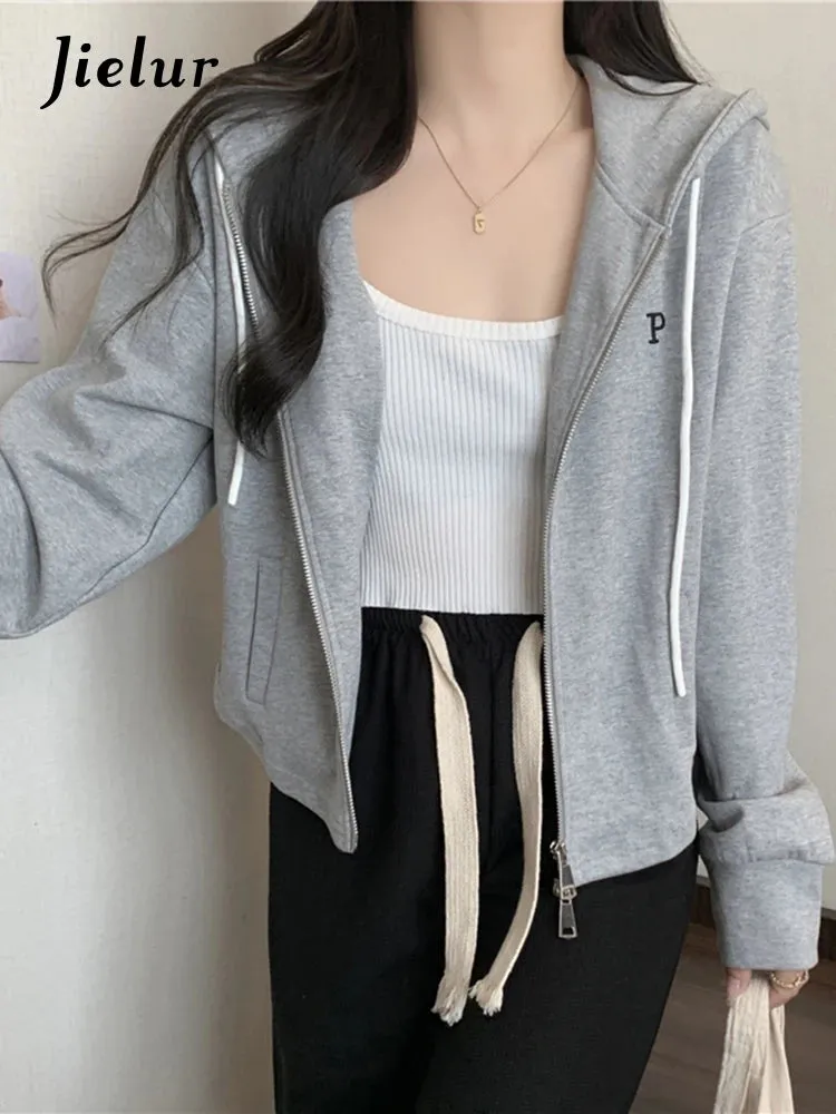 Double Zipper Short Women's Hoodies Autumn Winter Korean Casual Loose Thin Gray Navy Coat Women Sweatshirt Hooded M-XL