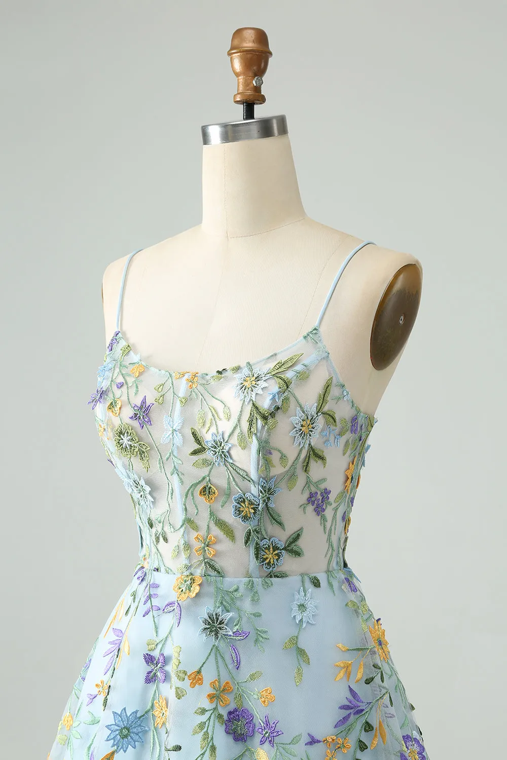 Elegant Blue Flower A Line Corset Mini Dress with Embroidery