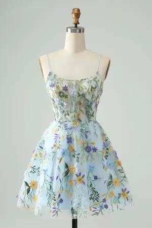 Elegant Blue Flower A Line Corset Mini Dress with Embroidery