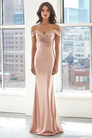 Elegant Blush Off the Shoulder Sheath Ruched Stretch Satin Long Formal Dress