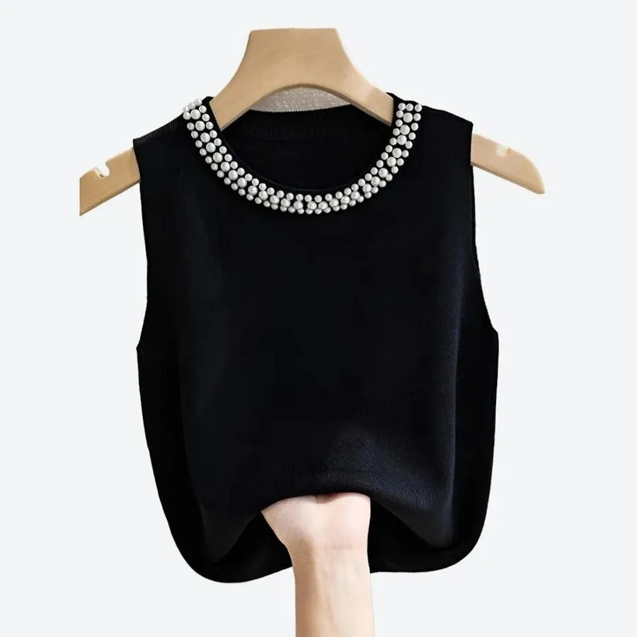 Elegant Pearl-Embellished Sleeveless Tops