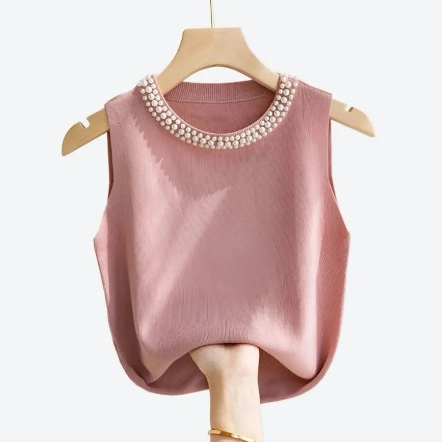 Elegant Pearl-Embellished Sleeveless Tops