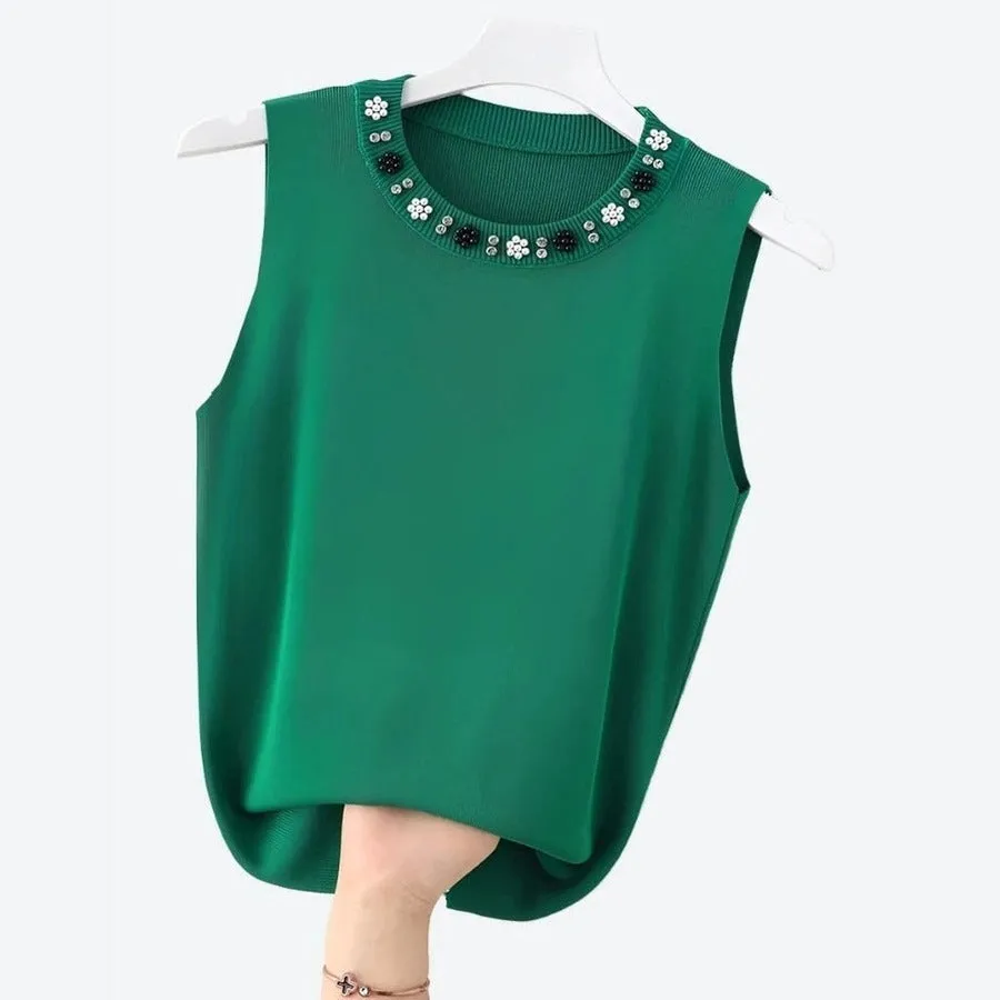 Elegant Pearl-Embellished Sleeveless Tops