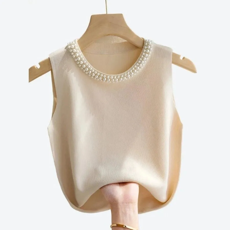 Elegant Pearl-Embellished Sleeveless Tops