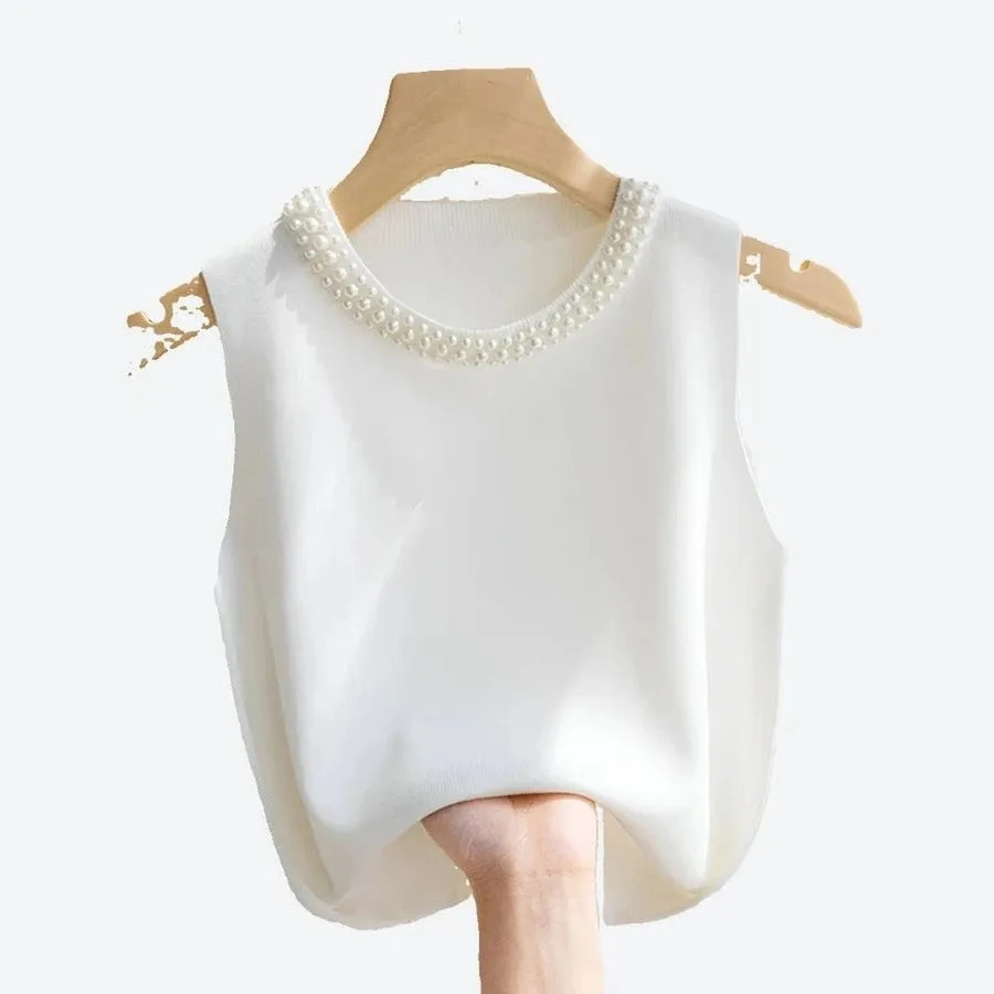 Elegant Pearl-Embellished Sleeveless Tops