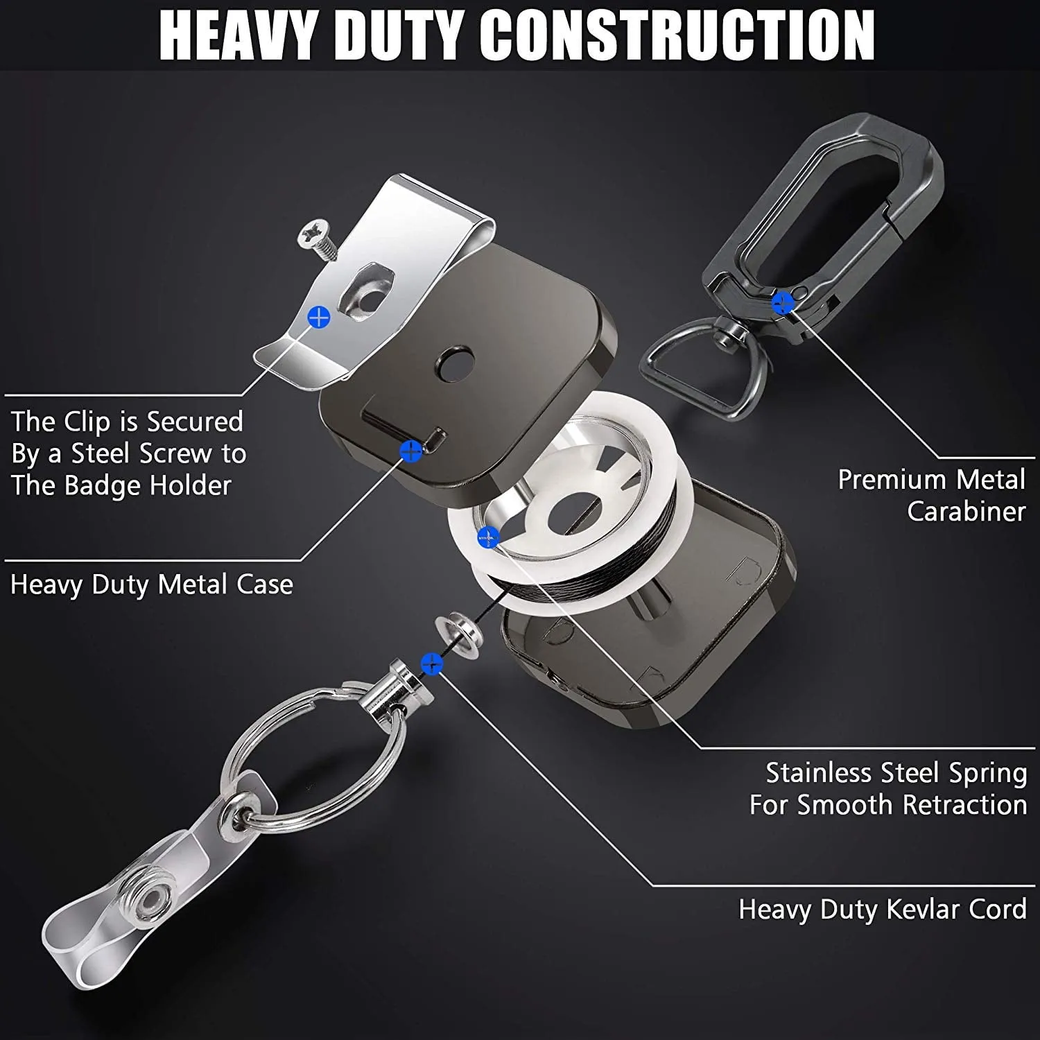 ELV Retractable ID Badge Holder | Heavy Duty Metal Body & Kevlar Cord | Carabiner Key Chain | Metal Keychain with Belt Clip and 24" Wire Extension | Hold Up to 15 Keys and Tools