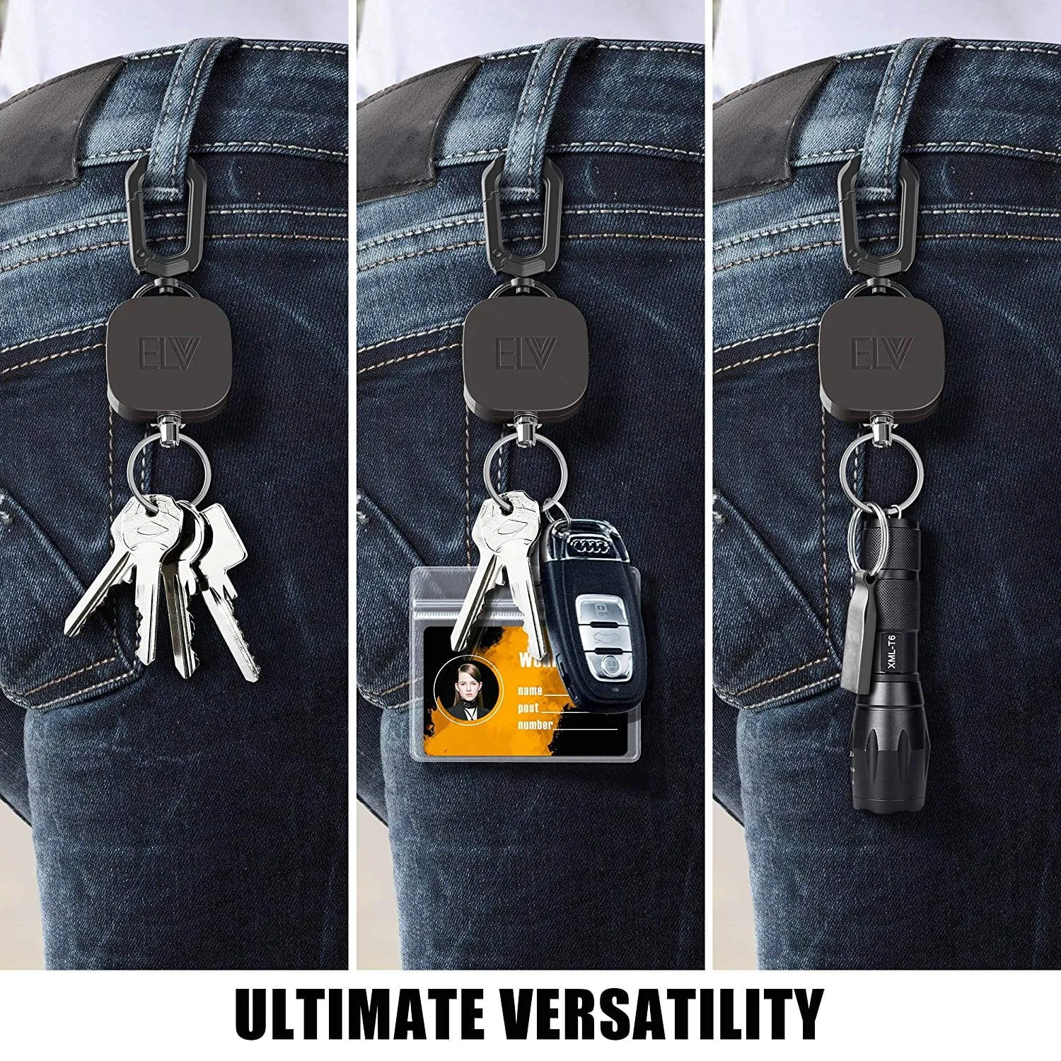 ELV Retractable ID Badge Holder | Heavy Duty Metal Body & Kevlar Cord | Carabiner Key Chain | Metal Keychain with Belt Clip and 24" Wire Extension | Hold Up to 15 Keys and Tools