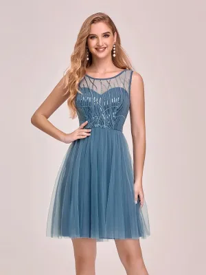 Feminine Round Neck Tulle Mini Formal Dress with Sequin