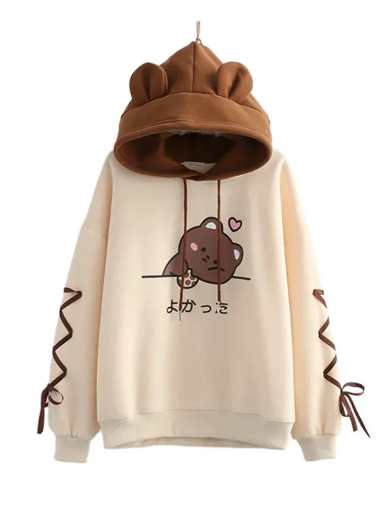 Fleece Women Kawaii Hoodies Winter Harajuku Cartoon Bear Print Cute Warm Hooded Sweatshirts Casual Drawstring Pullover