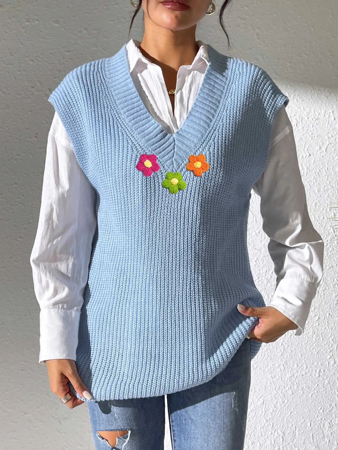 Flower V-Neck Sweater Vest