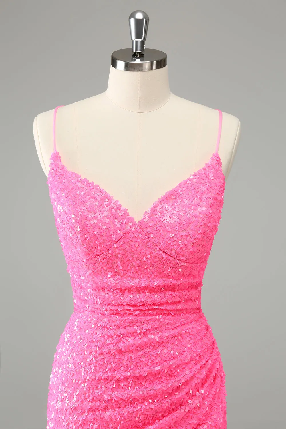 Glitter Hot Pink Bodycon Spaghetti Straps Sequins Mini Dress