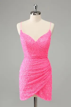 Glitter Hot Pink Bodycon Spaghetti Straps Sequins Mini Dress