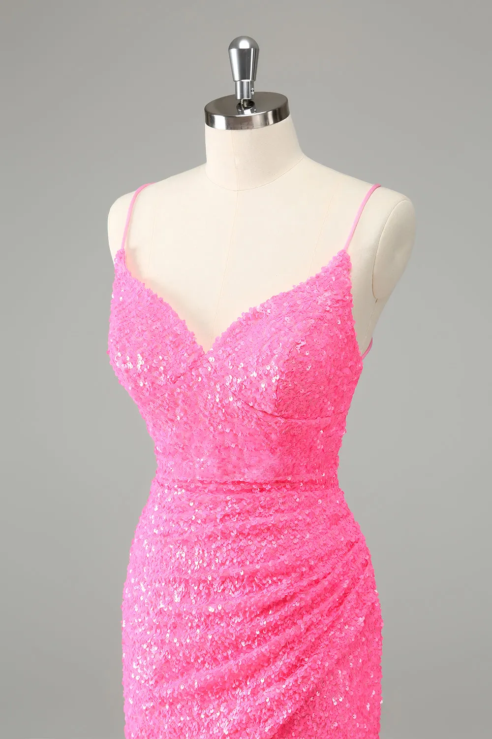 Glitter Hot Pink Bodycon Spaghetti Straps Sequins Mini Dress