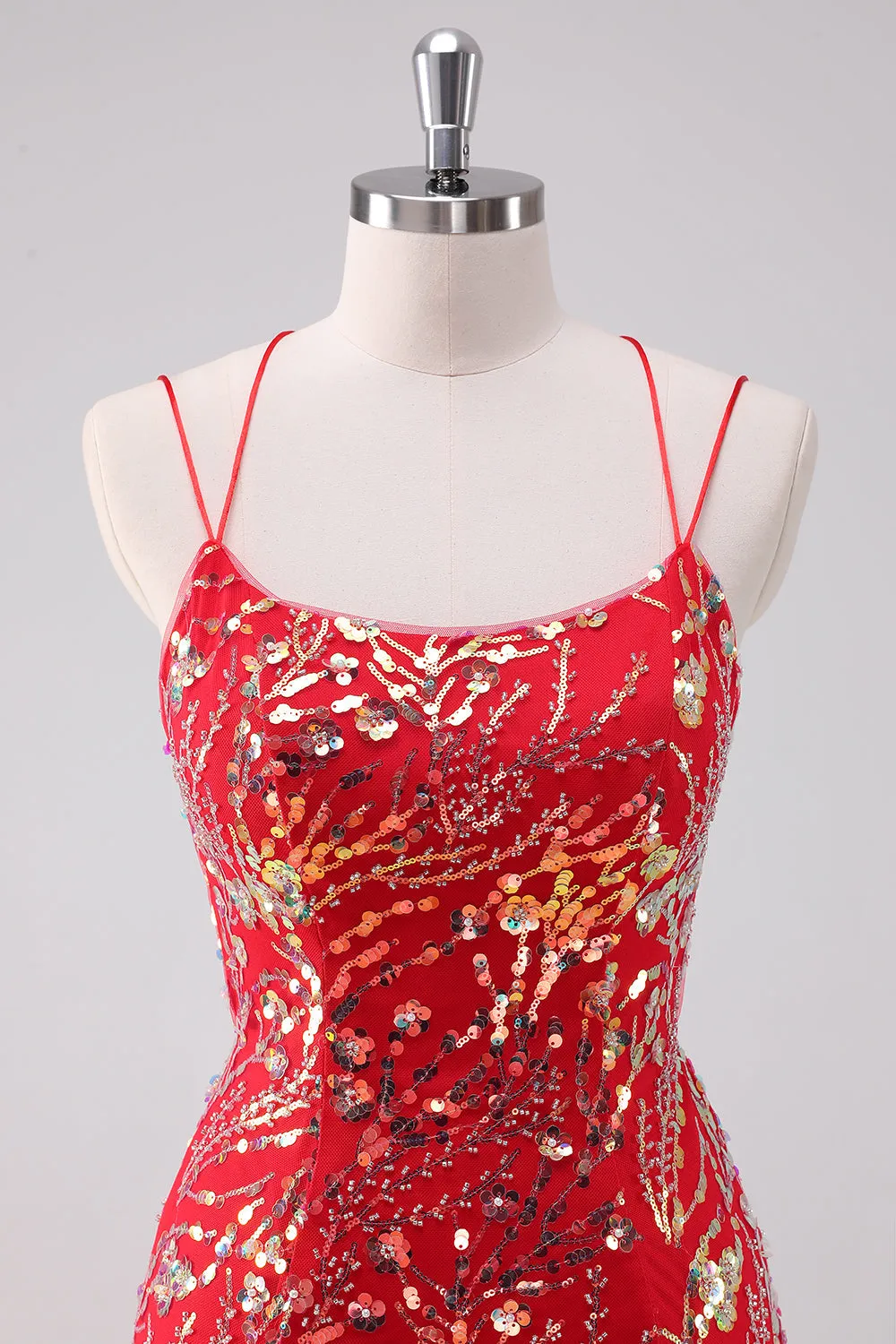 Glitter Red Spaghetti Straps Sequins Bodycon Mini Dress