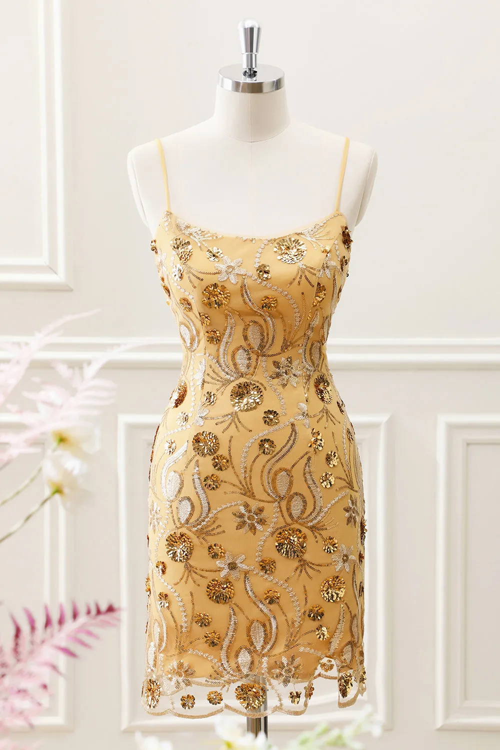 Glitter Yellow Sequined Embroidery Tight Mini Dress with Beading