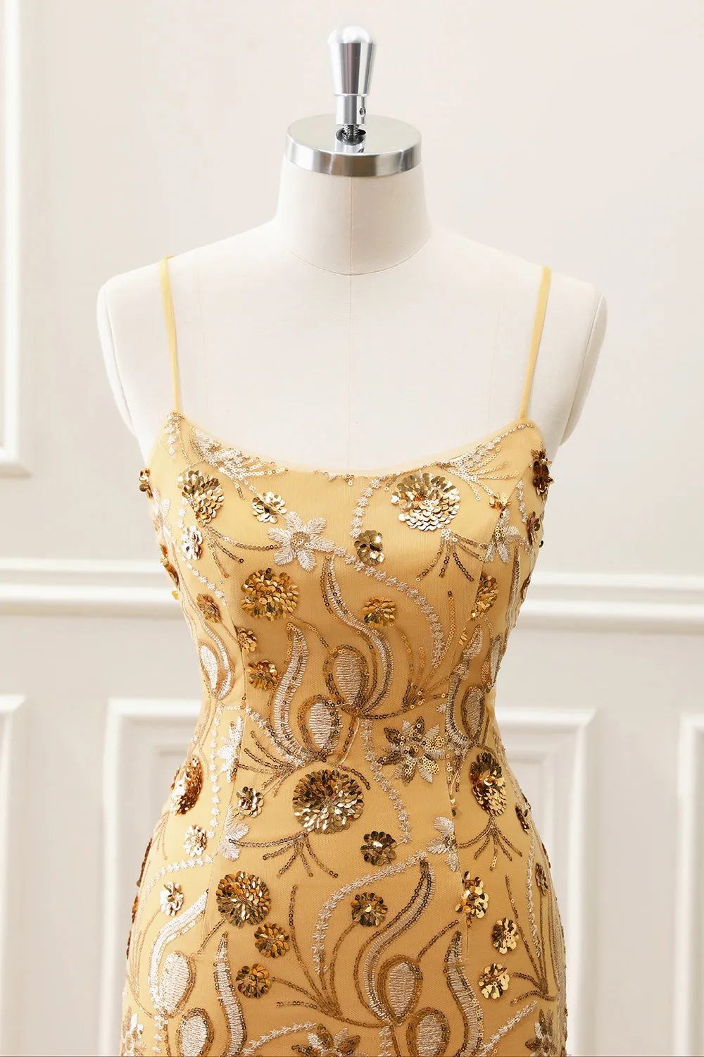 Glitter Yellow Sequined Embroidery Tight Mini Dress with Beading