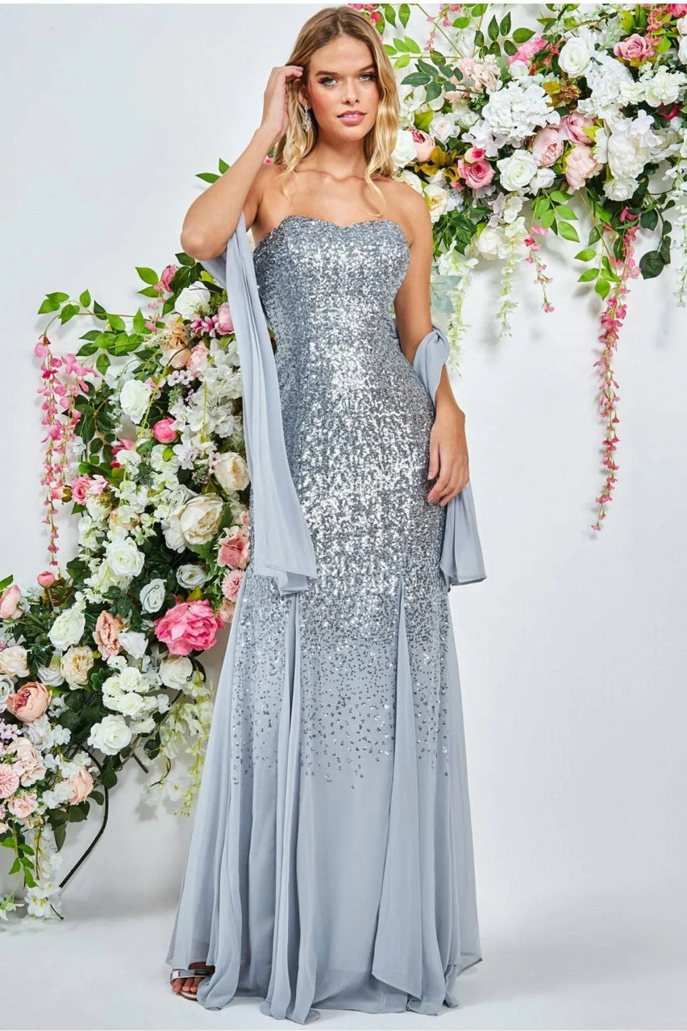 Goddiva Bandeau Sequin & Chiffon Maxi With Scarf - Silver