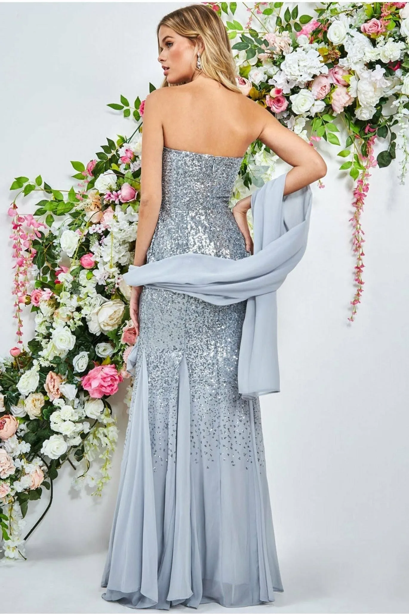 Goddiva Bandeau Sequin & Chiffon Maxi With Scarf - Silver